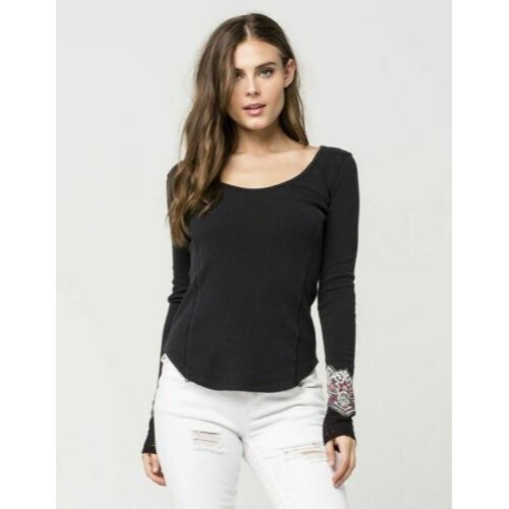 We The Free People Bandana Cuff Thermal Top L Black Waffle Knit Long Sleeve